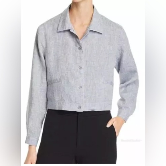 Eileen Fisher Yarn-Dye Hanky Organic Linen Crop Jacket in Gray Size L/XL - Picture 2 of 4